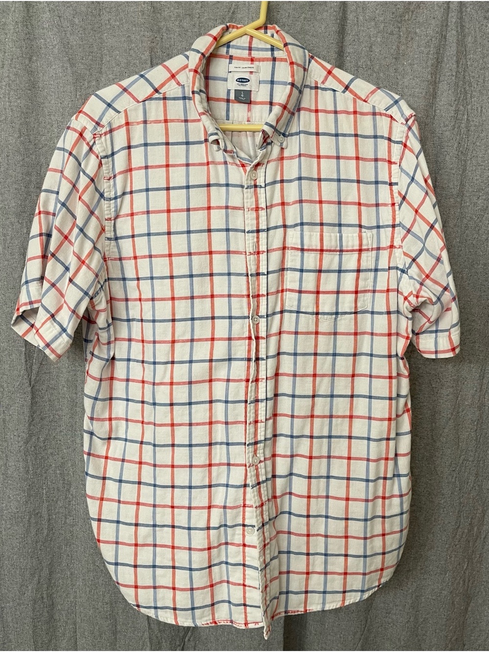 Old Navy White Short-Sleeve Plaid Button-Down Shirt with Red & Blue Checks